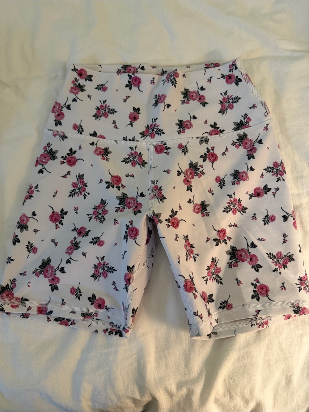 Spiritual Gangster White Bike Shorts with Pink Rose Print